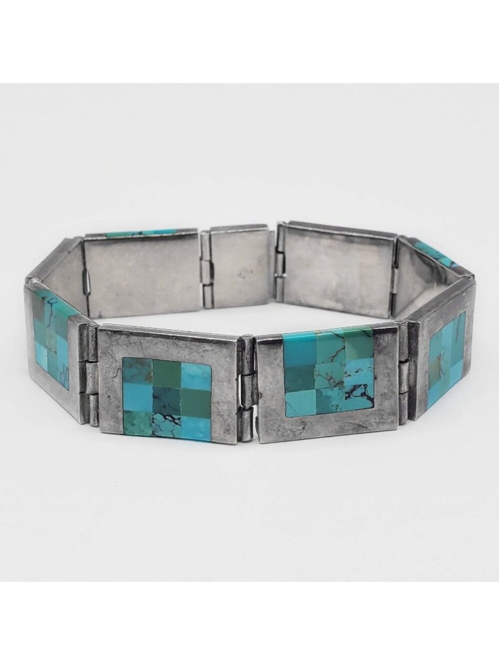 Chile Turquoise Mosaic Inlay Panel Bracelet Sterling Silver
